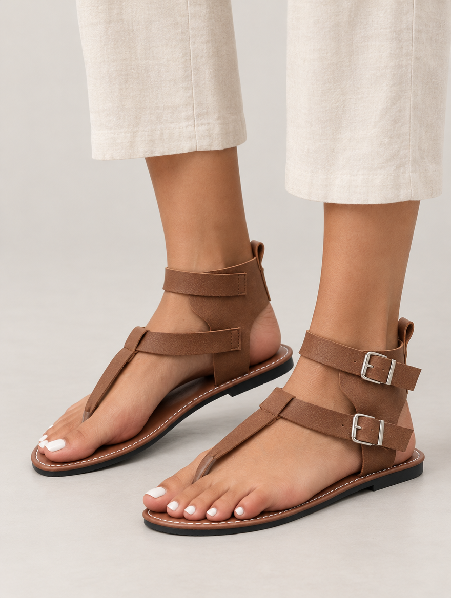 Nadine – Sandale tong plate femme – Marron — portée