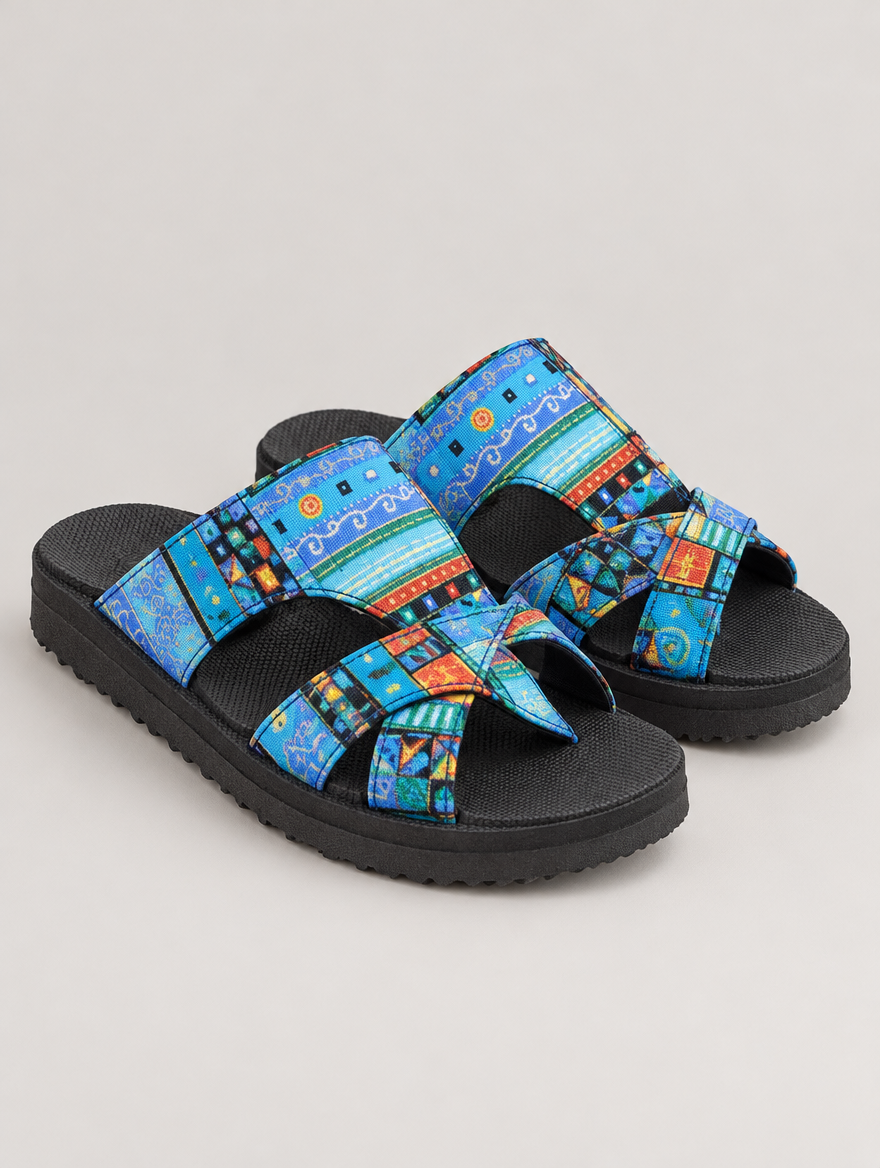Noélie – Sandale plateforme ethnique femme – Bleu — vue trois quarts