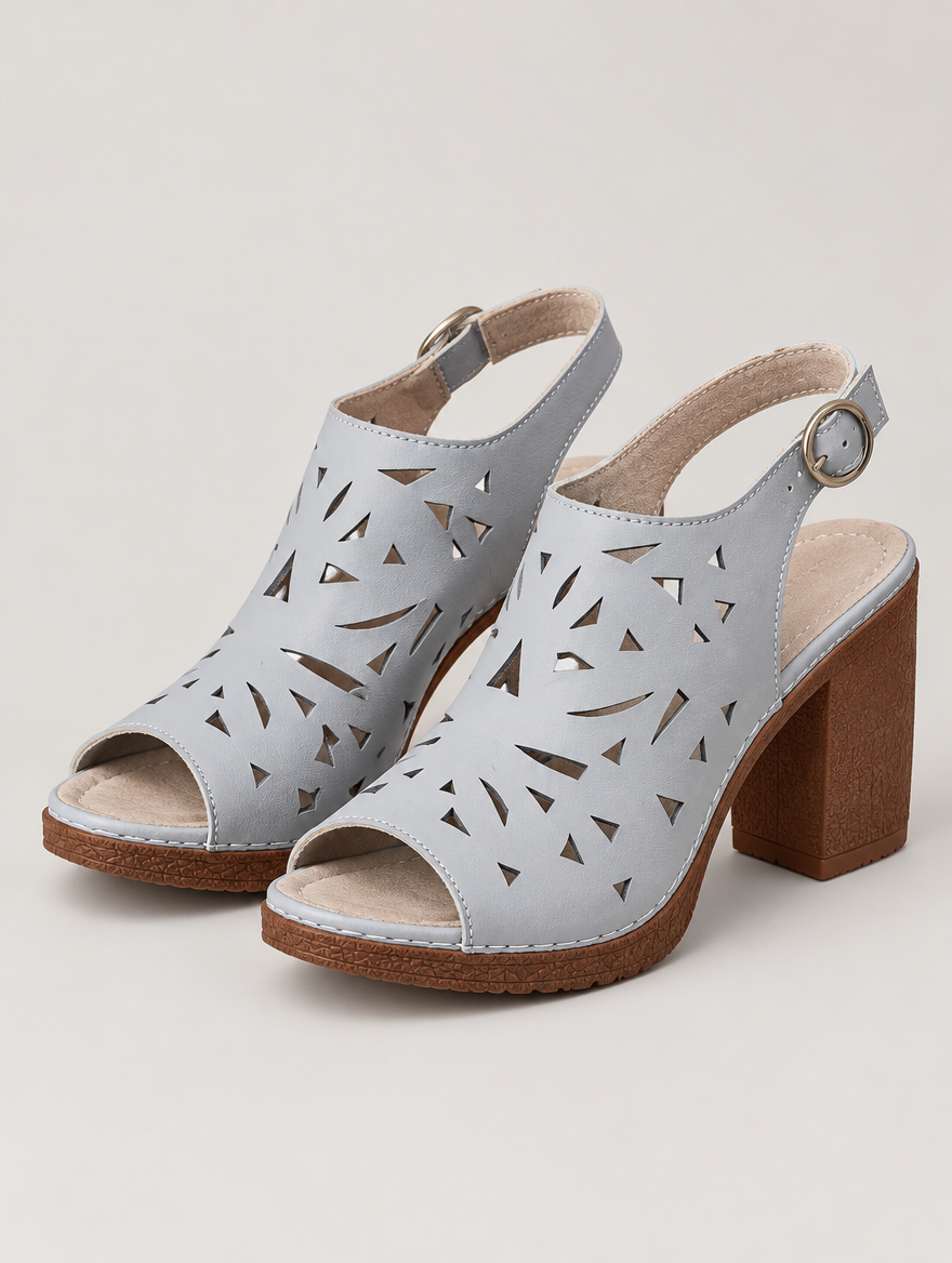 Myriam – Sandale à talon épais ajourée femme – Gris — vue trois quarts