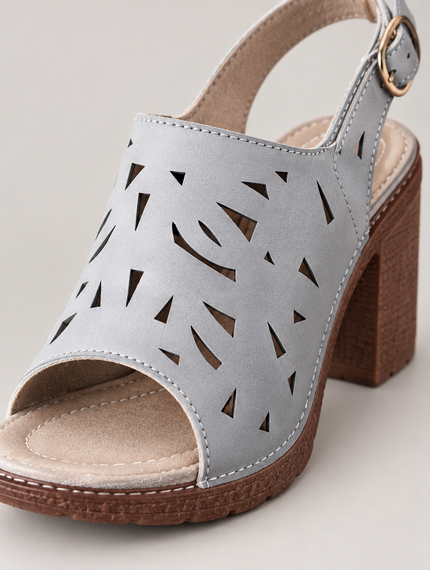 Myriam – Sandale à talon épais ajourée femme – Gris — détail