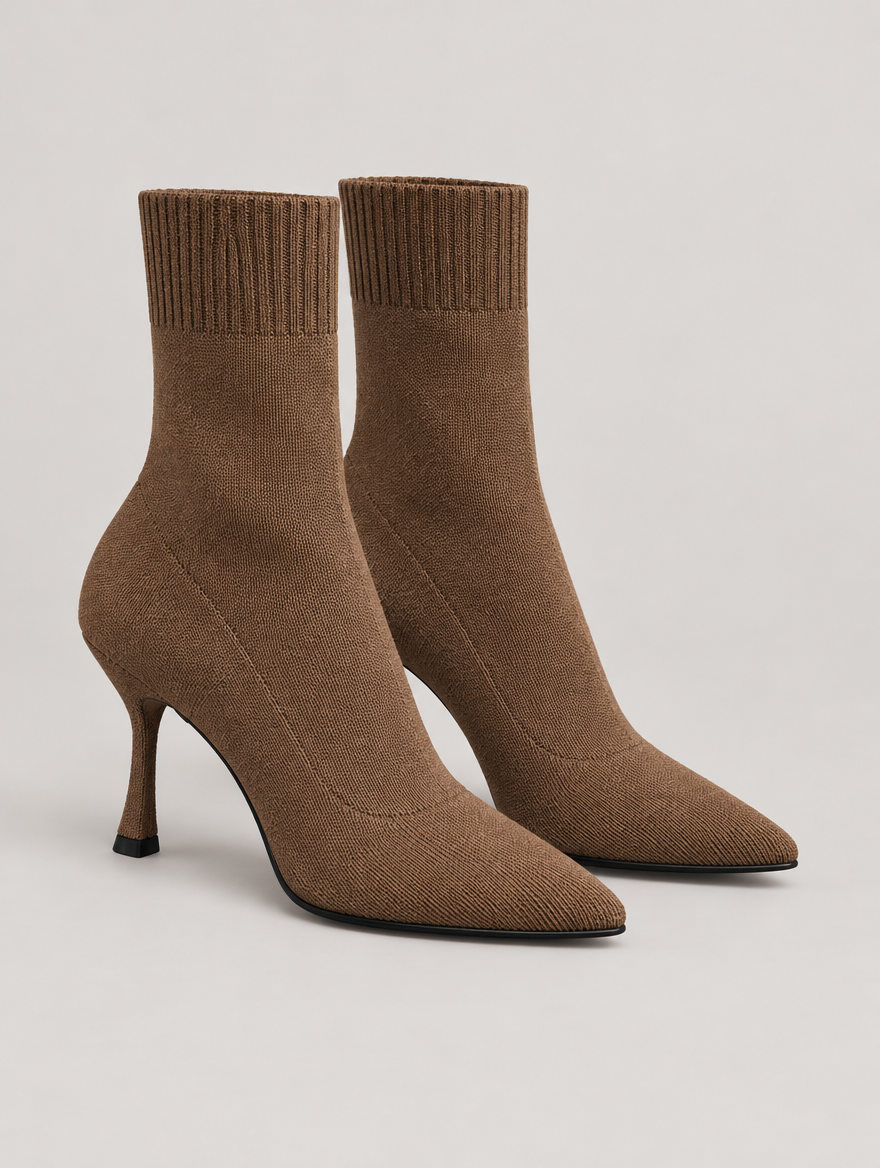 Nellie – Bottine chaussette à talon femme – Marron — vue trois quarts
