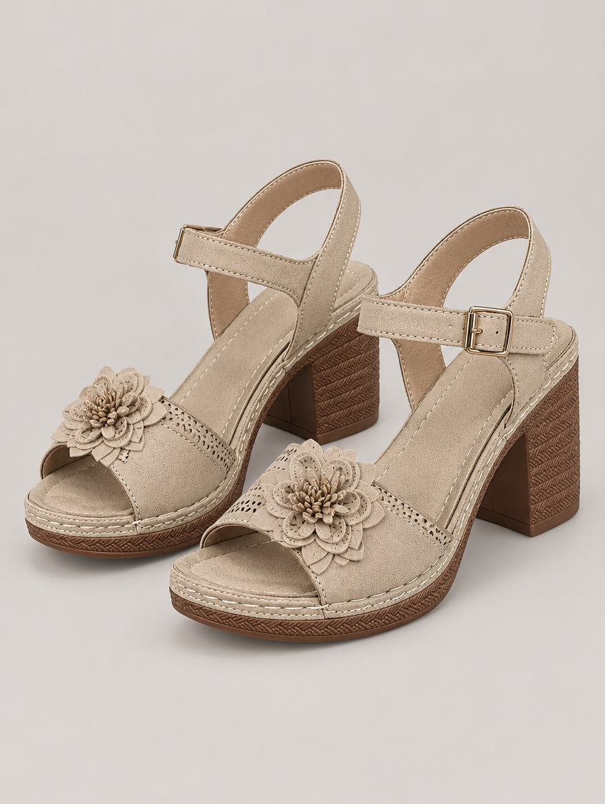 Philippine – Sandale à fleurs talon épais femme – Beige — vue trois quarts