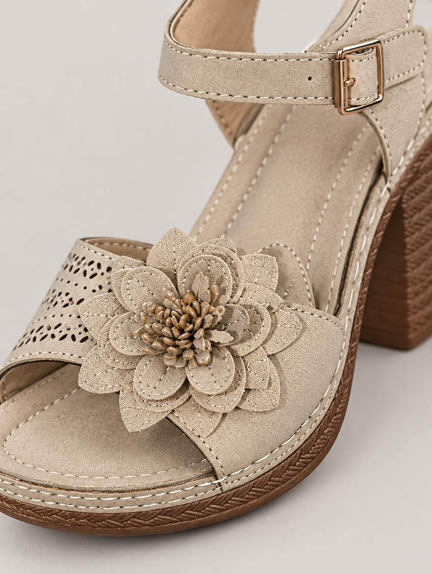 Philippine – Sandale à fleurs talon épais femme – Beige — détail