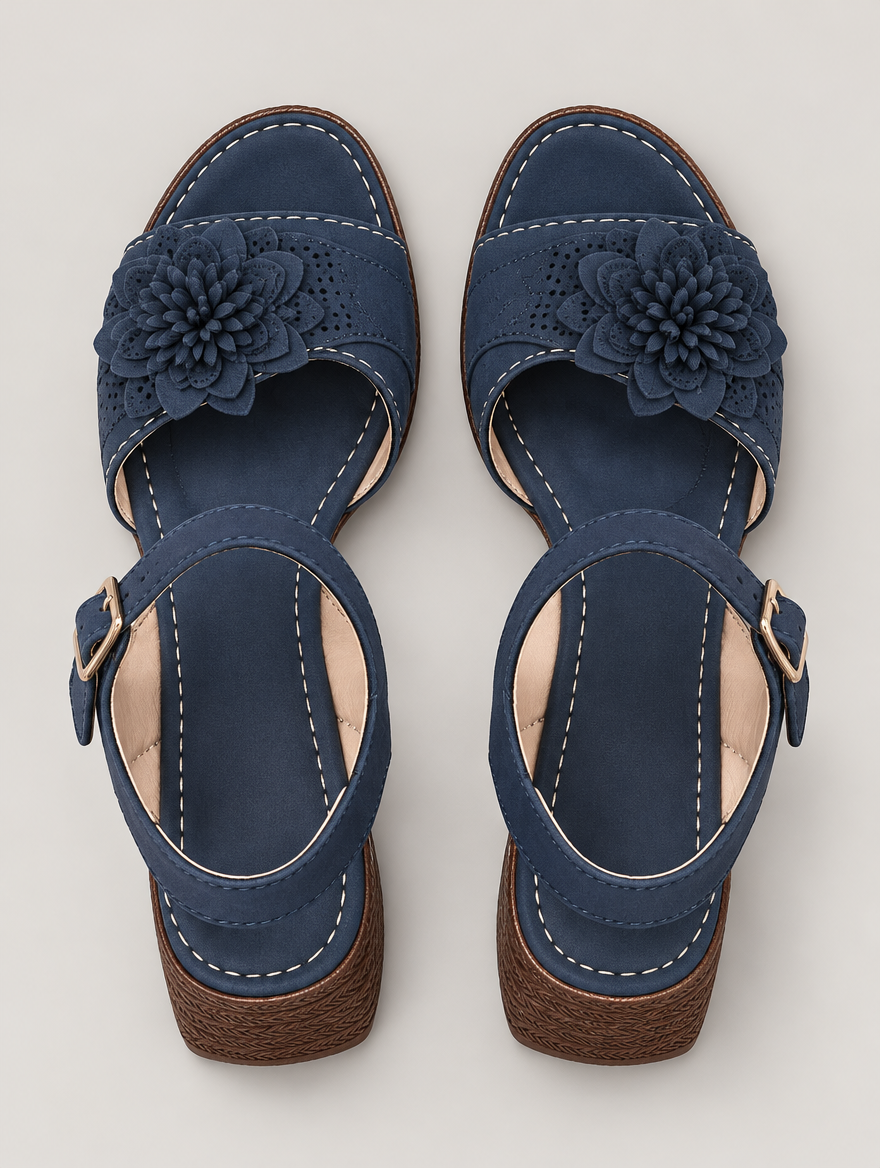 Philippine – Sandale à fleurs talon épais femme – Bleu foncé — vue du dessus