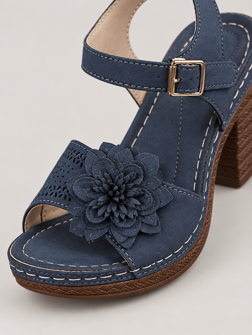 Philippine – Sandale à fleurs talon épais femme – Bleu foncé — détail