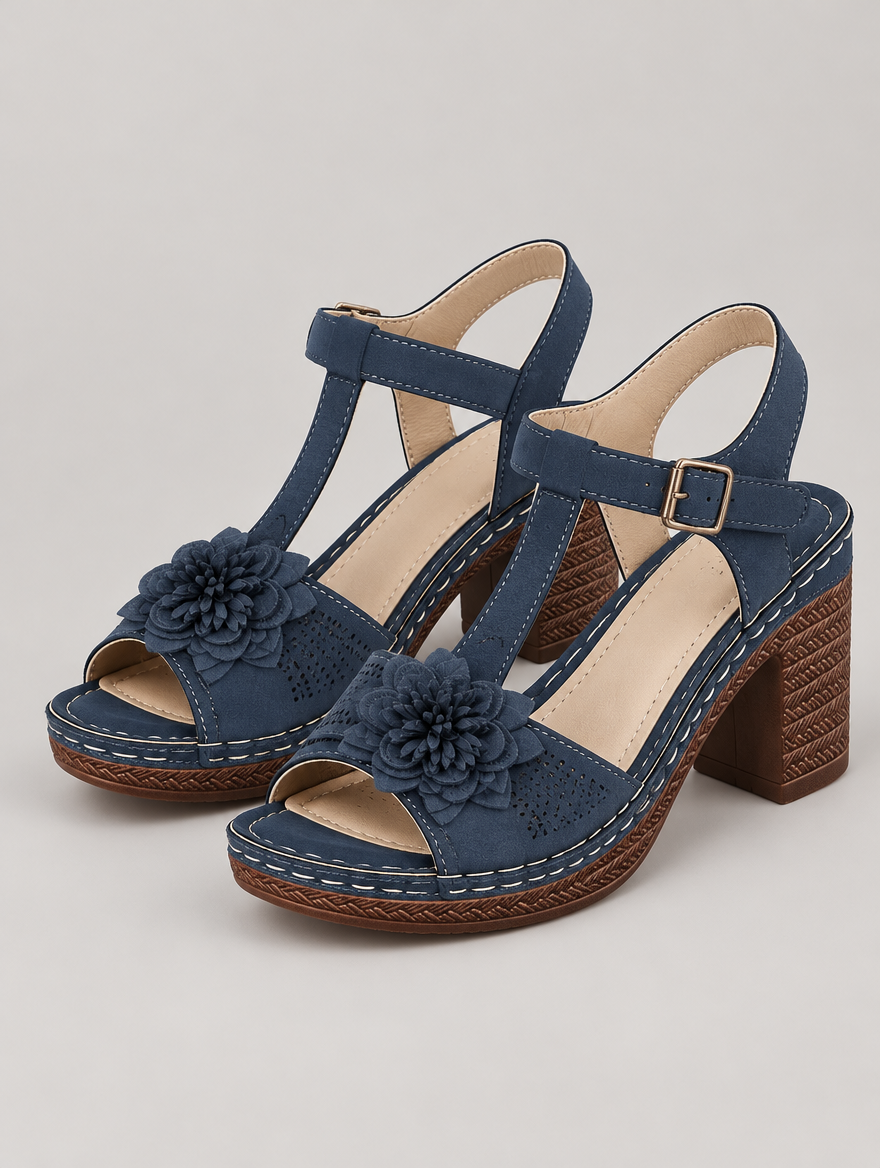 Philippine – Sandale à fleurs talon épais femme – Bleu foncé — vue trois quarts