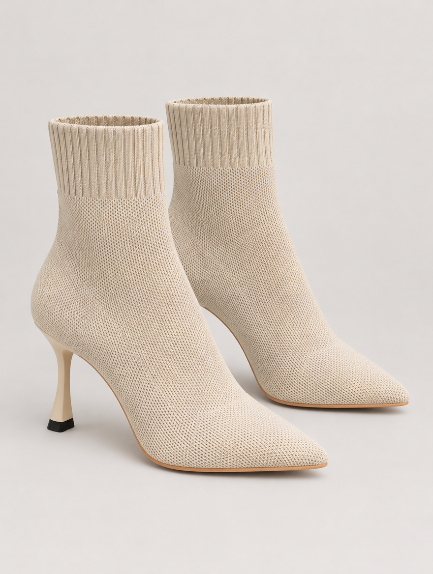 Nellie – Bottine chaussette à talon femme – Beige — vue trois quarts