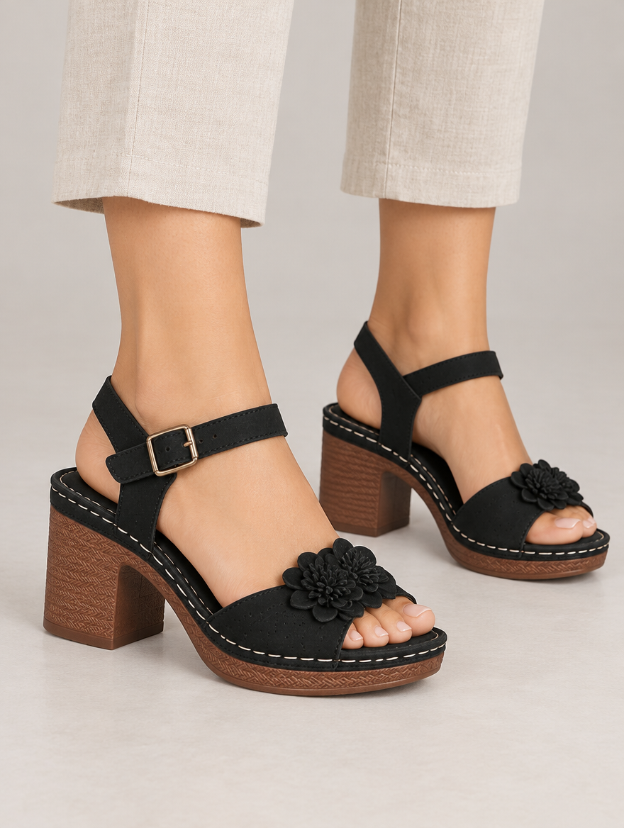 Philippine – Sandale à fleurs talon épais femme – Noir — portée