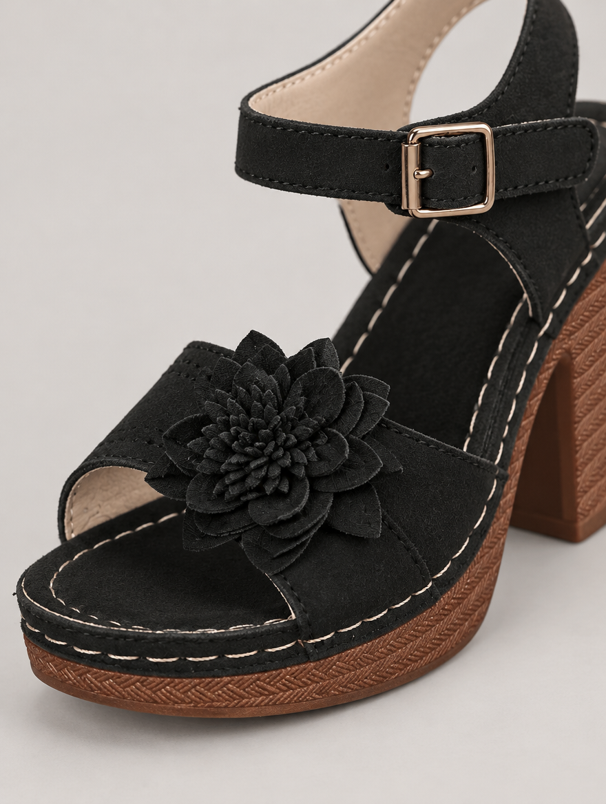 Philippine – Sandale à fleurs talon épais femme – Noir — détail