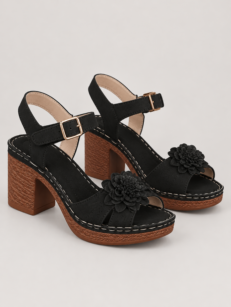 Philippine – Sandale à fleurs talon épais femme – Noir — vue trois quarts