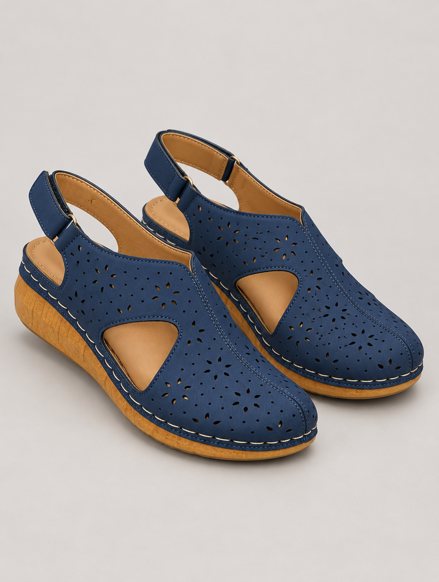Monique – Sandale compensée plage femme – Bleu — vue trois quarts