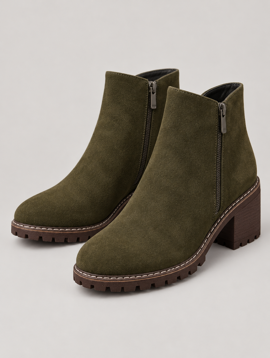Priscille – Bottine zippée à talon épais femme – Vert militaire — vue trois quarts