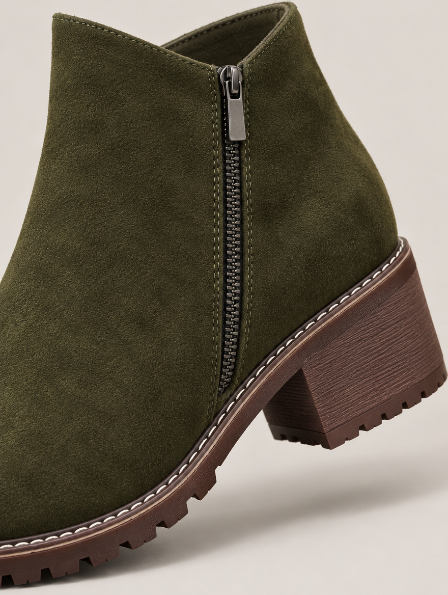 Priscille – Bottine zippée à talon épais femme – Vert militaire — détail