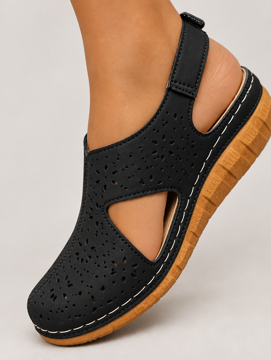Monique – Sandale compensée plage femme – Noir — détail