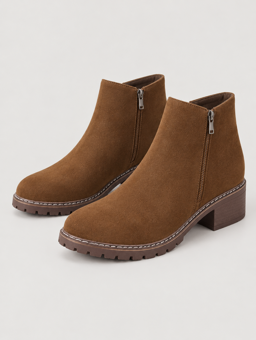 Priscille – Bottine zippée à talon épais femme – Marron — vue trois quarts