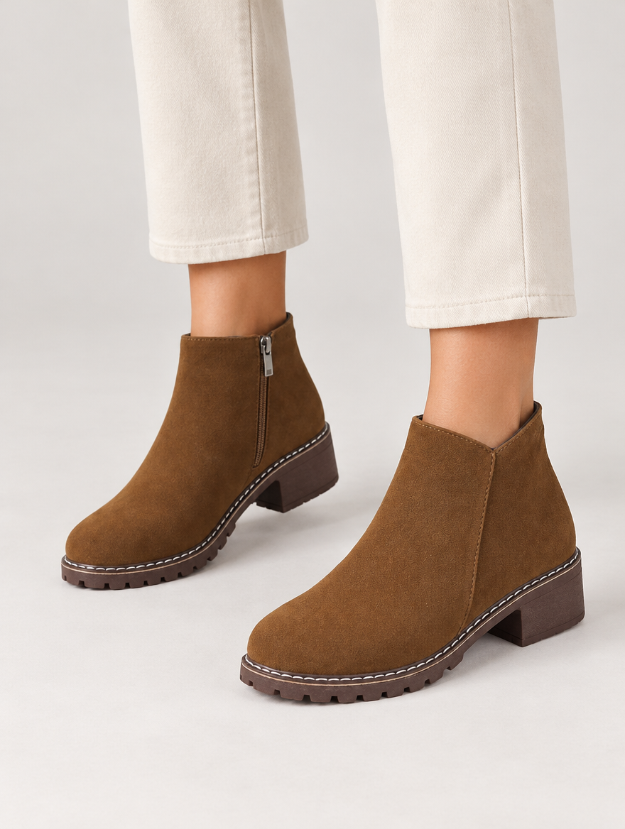 Priscille – Bottine zippée à talon épais femme – Marron — portée
