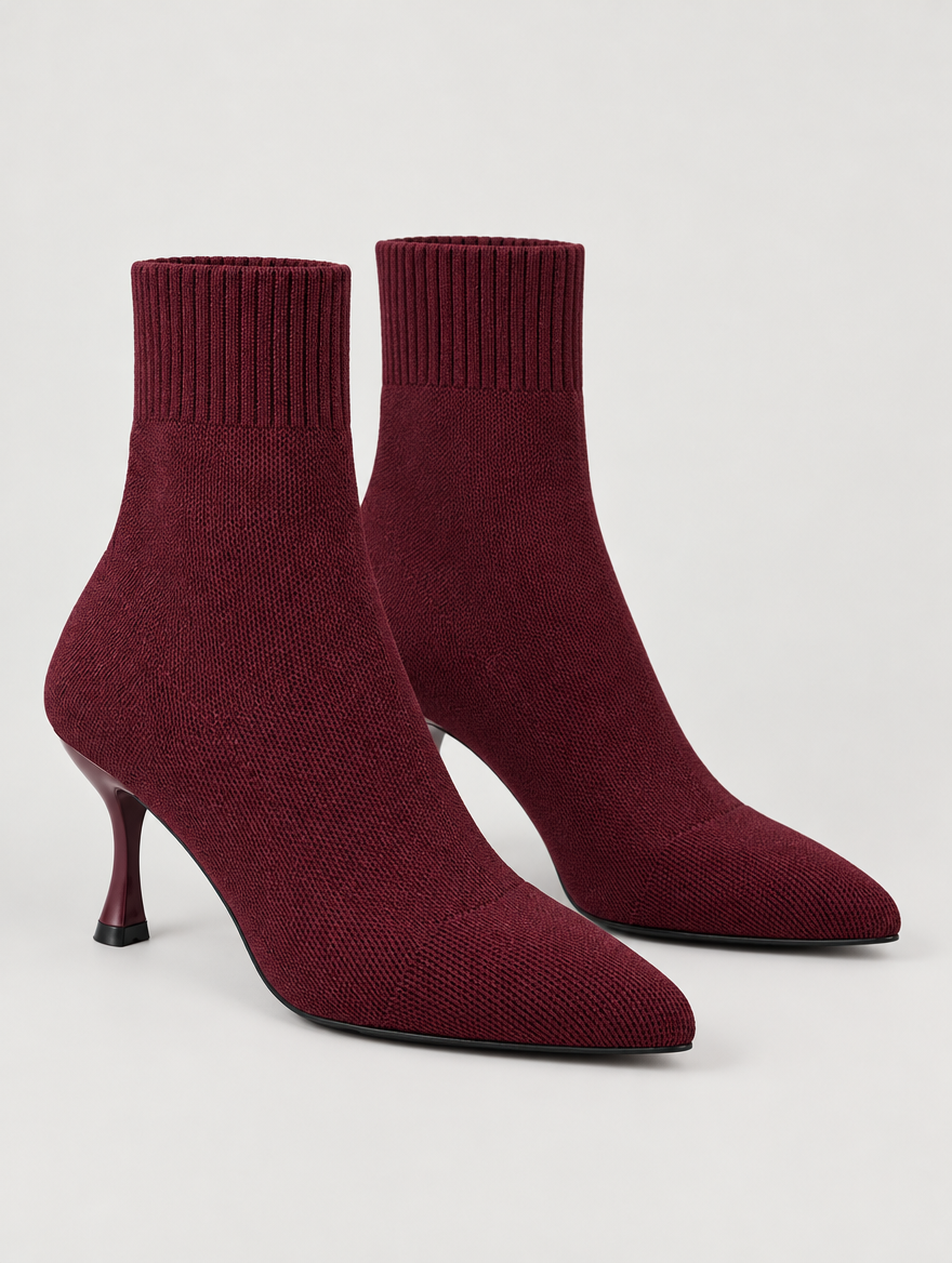 Nellie – Bottine chaussette à talon femme – Bordeaux — vue trois quarts