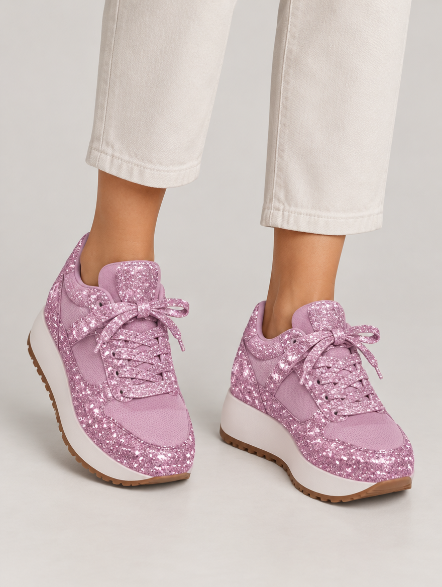 Olympe – Basket plateforme à lacets femme – Rose — portée