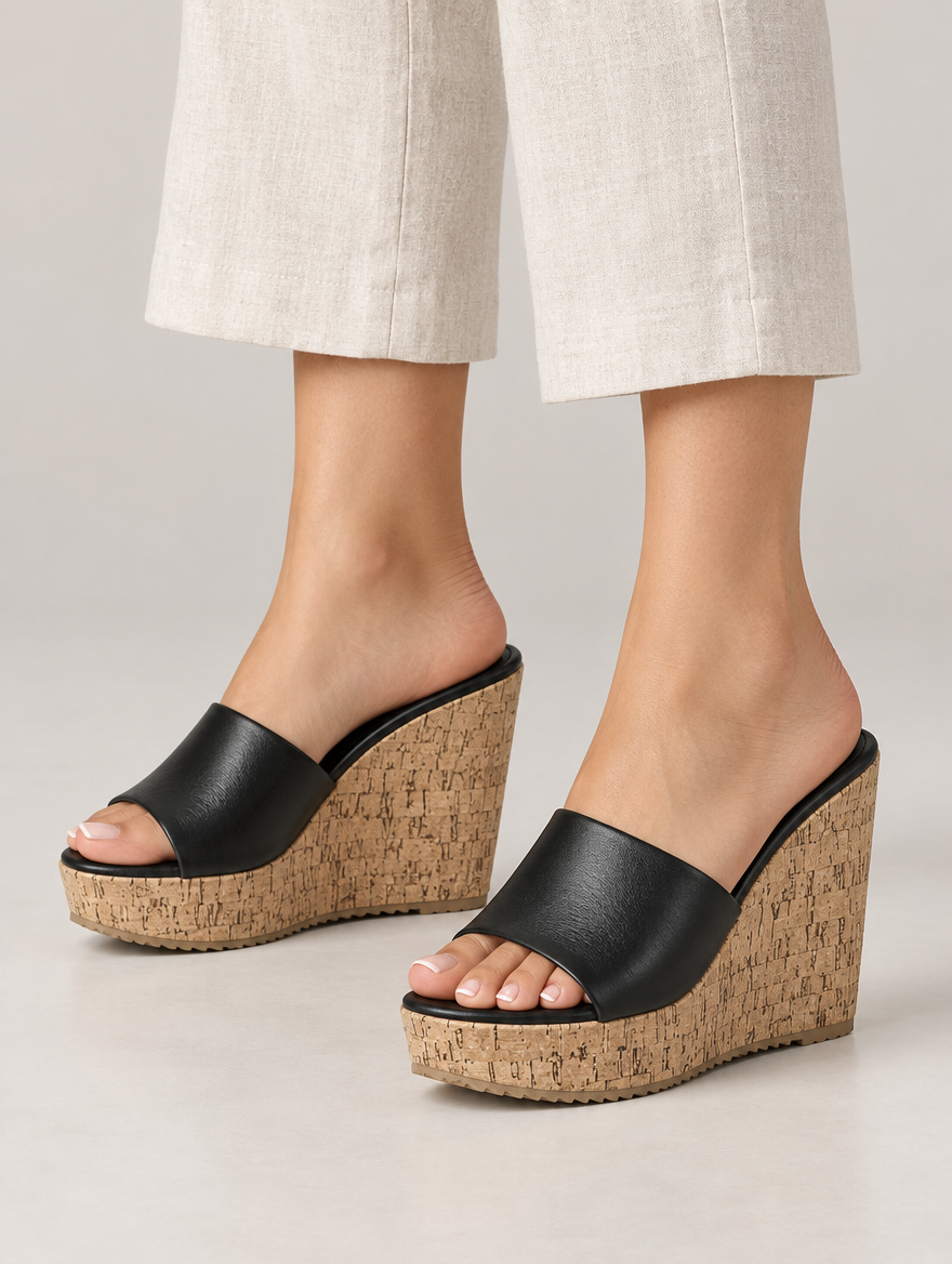 Nicolette – Mule compensée à talon haut femme – Noir — portée