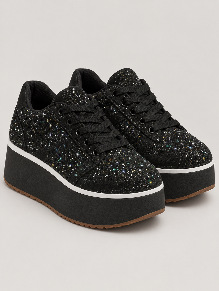Olympe – Basket plateforme à lacets femme – Noir — vue trois quarts
