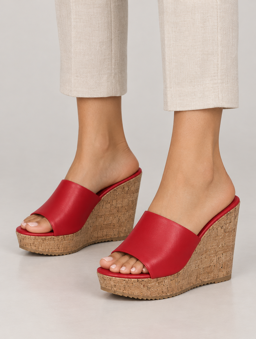 Nicolette – Mule compensée à talon haut femme – Rouge — portée