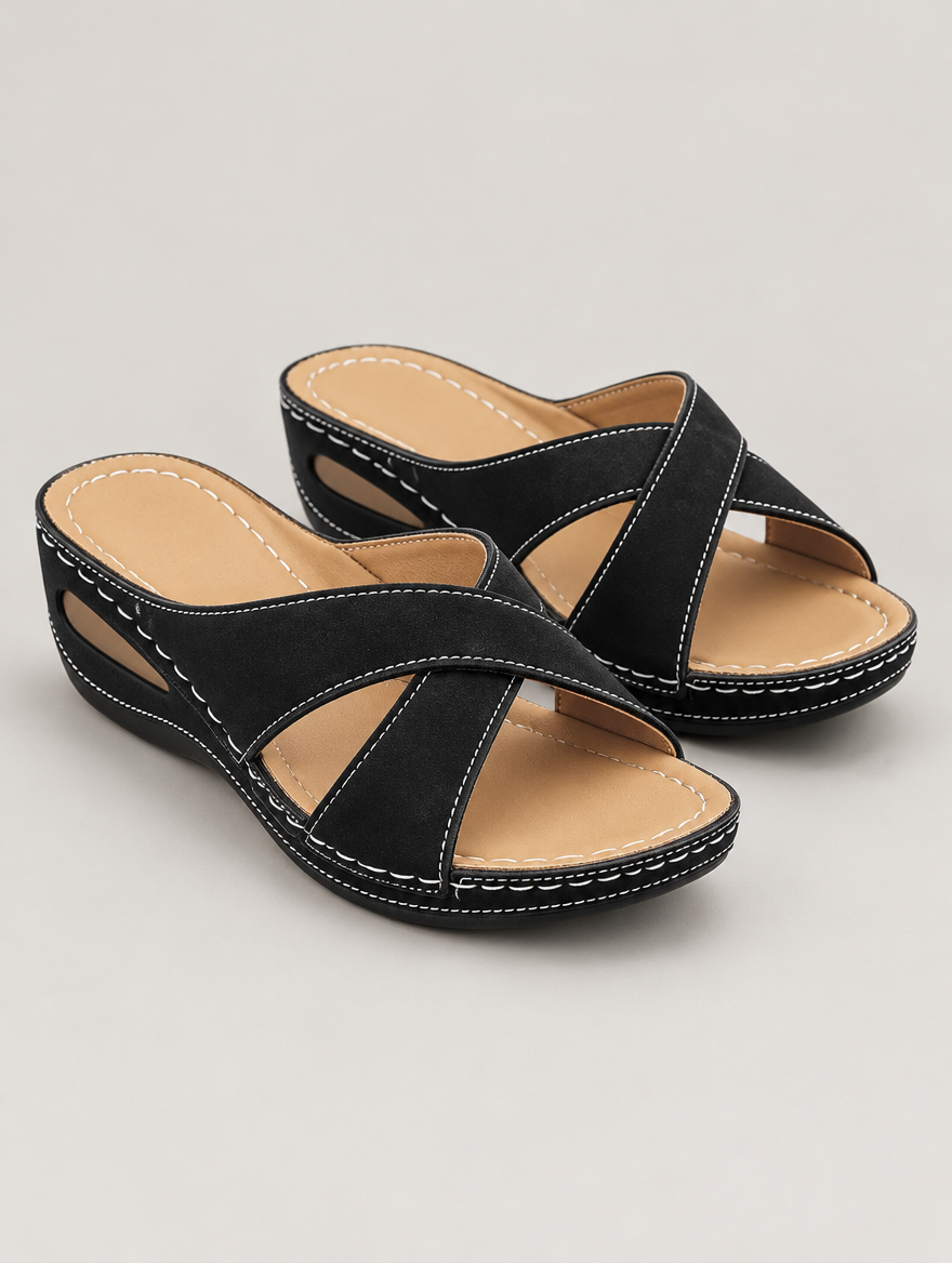 Oriane – Sandale compensée orthopédique femme – Noir — vue trois quarts