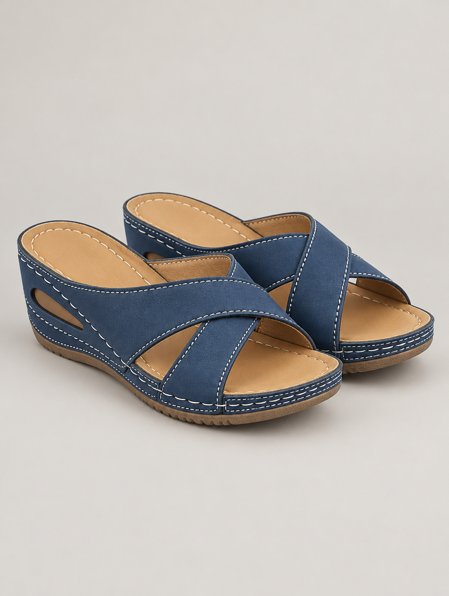 Oriane – Sandale compensée orthopédique femme – Bleu — vue trois quarts