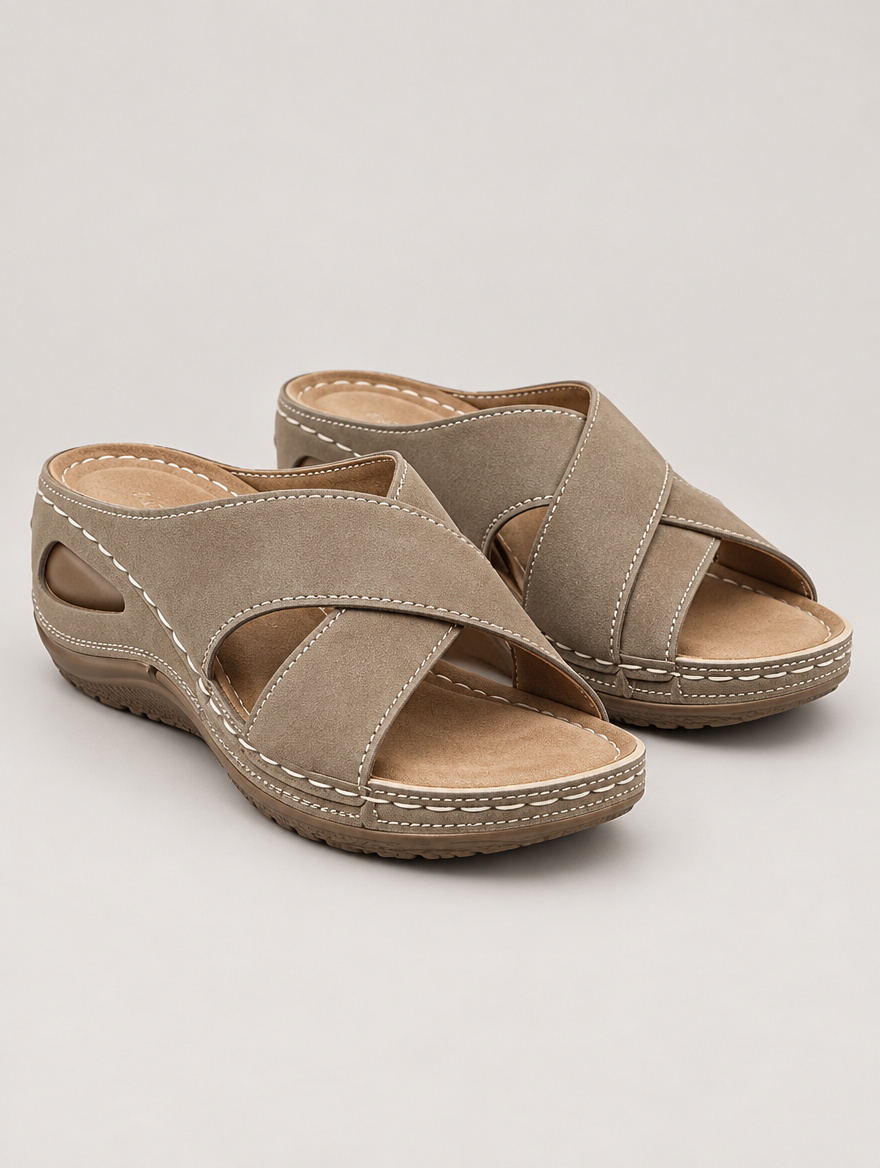 Oriane – Sandale compensée orthopédique femme – Kaki — vue trois quarts