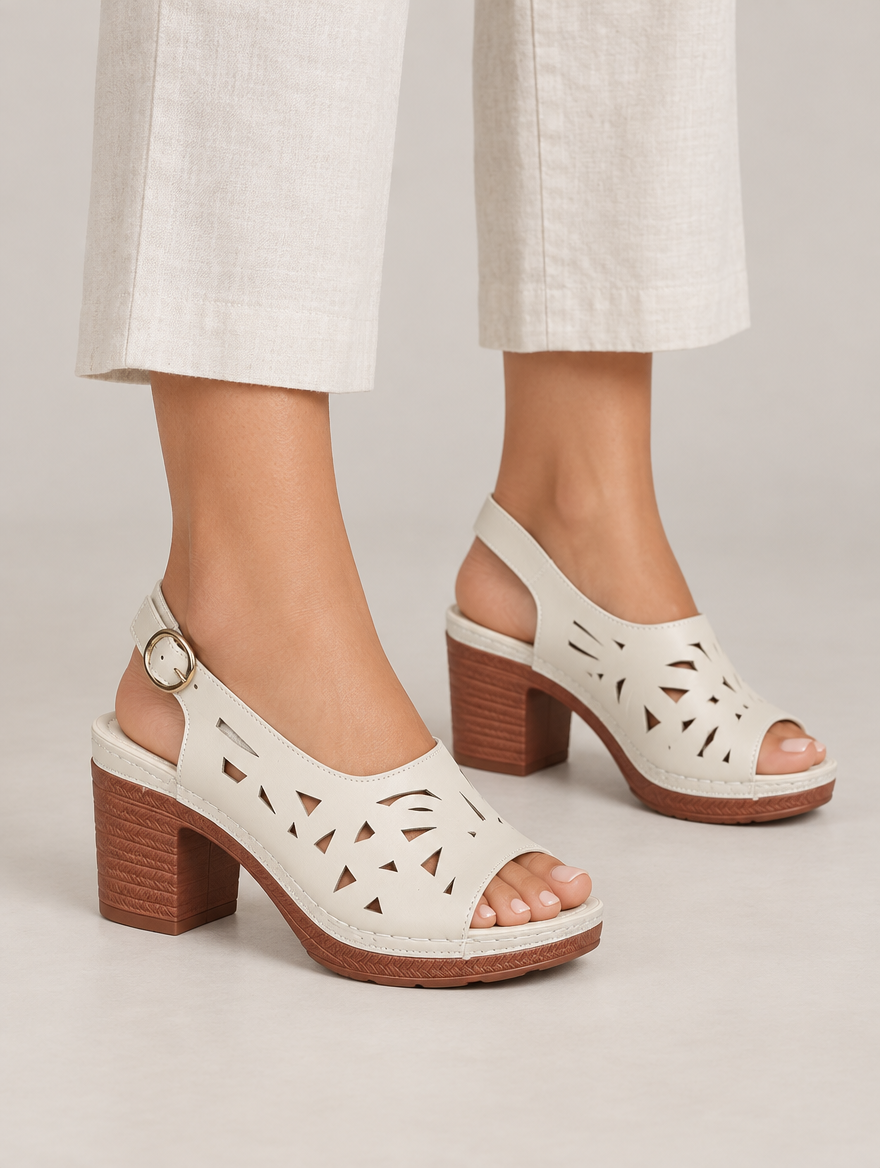 Myriam – Sandale à talon épais ajourée femme – Beige — portée