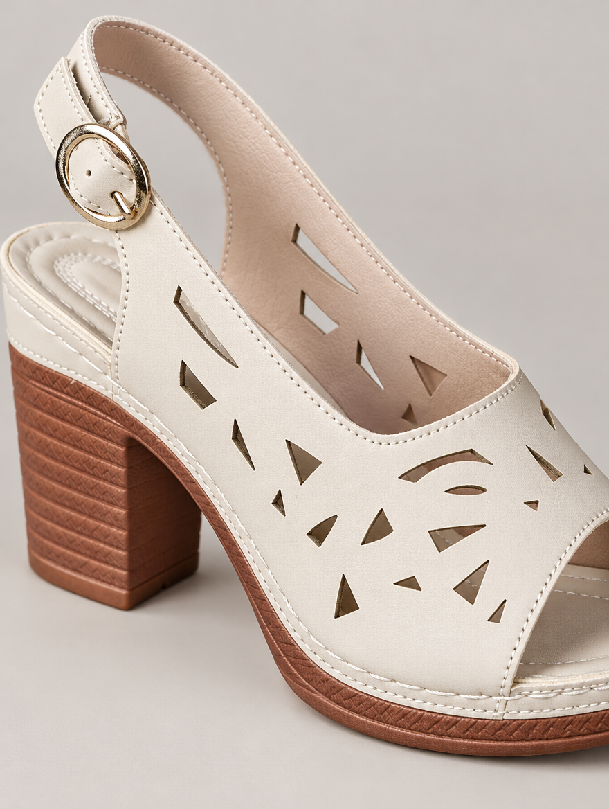 Myriam – Sandale à talon épais ajourée femme – Beige — détail