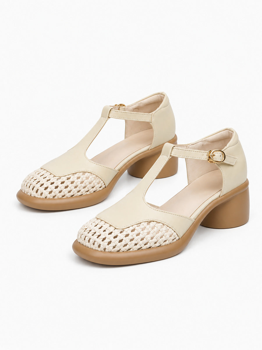 Ilaria – Sandale à talon épais femme – Beige — trois quarts