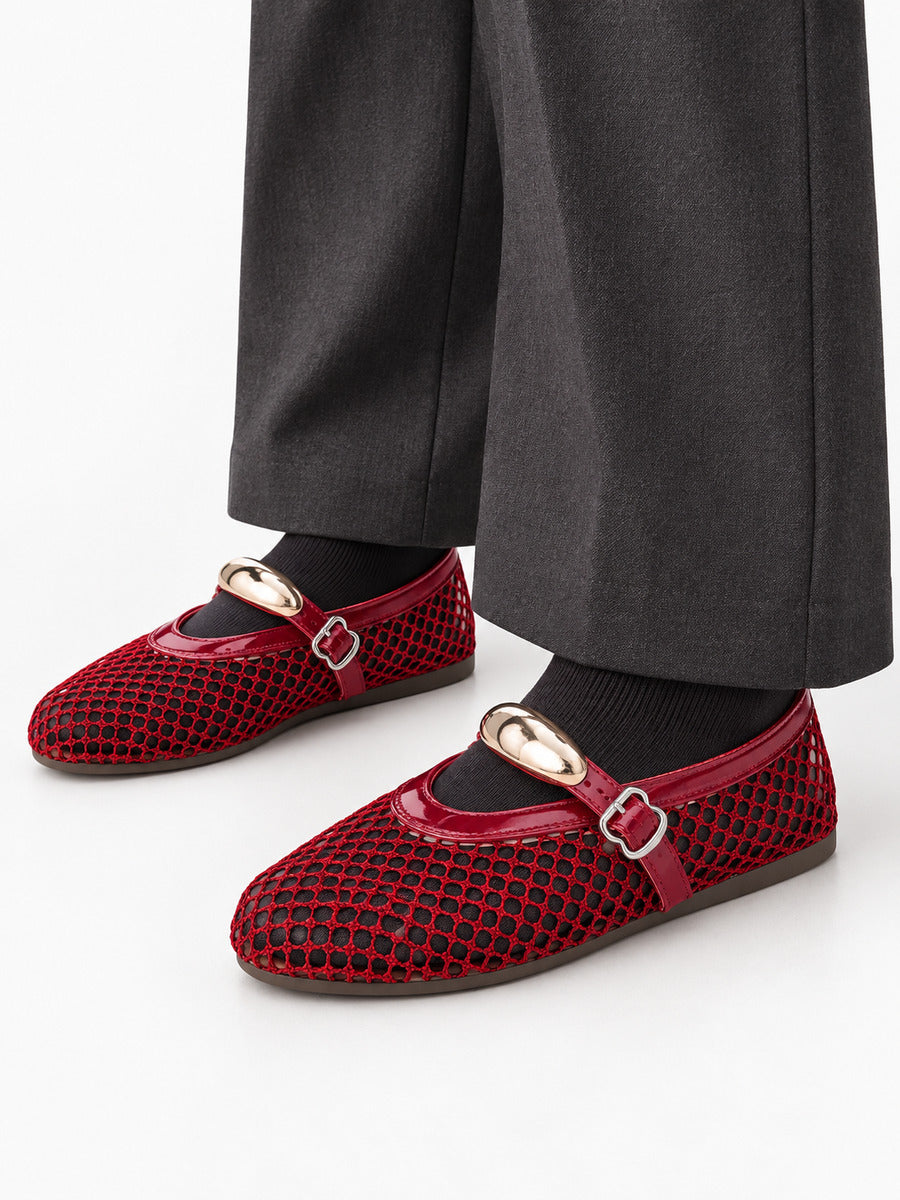 Jacinthe – Ballerine en maille femme – Rouge — portée