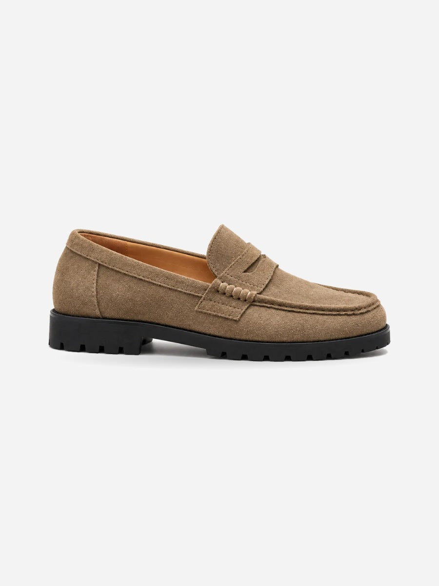 Joachim – Mocassin penny en daim marron homme — profil droit