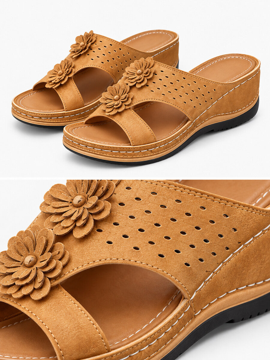 Kayla – Sandale compensée à fleurs femme – Marron — dessus
