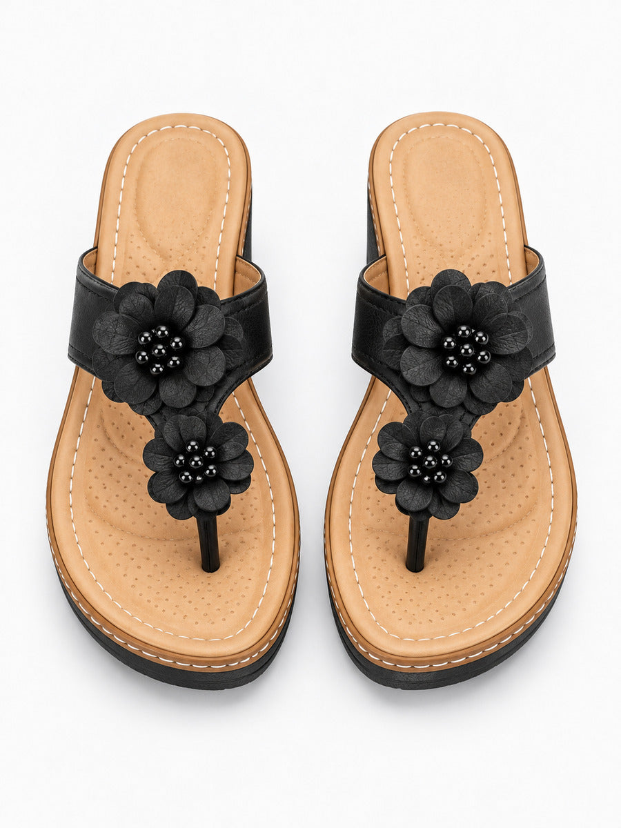 Kayla – Sandale compensée à fleurs femme – Noir — dessus