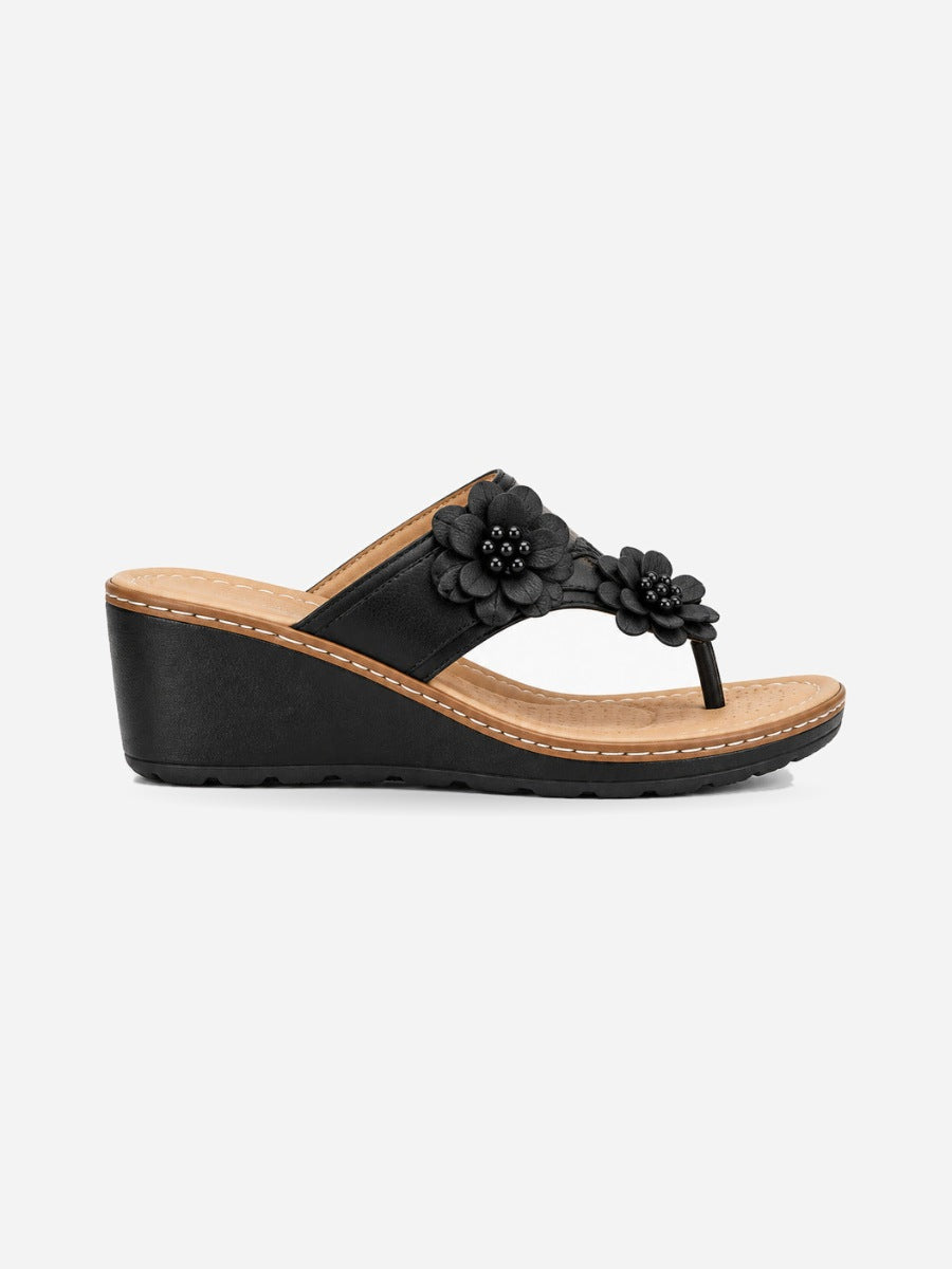 Kayla – Sandale compensée à fleurs femme – Noir — profil droit