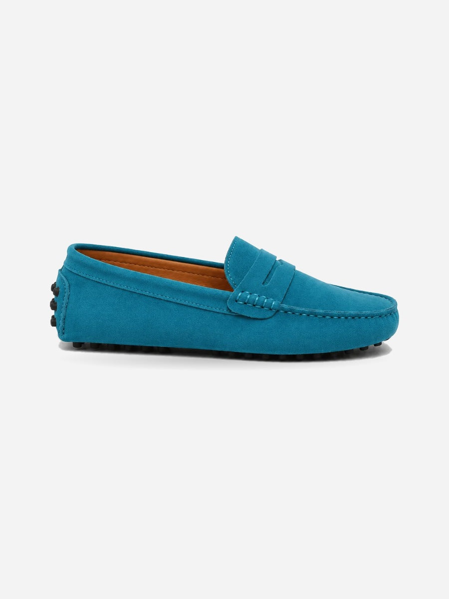 Kylian – Mocassin en daim souple homme – Turquoise — profil droit