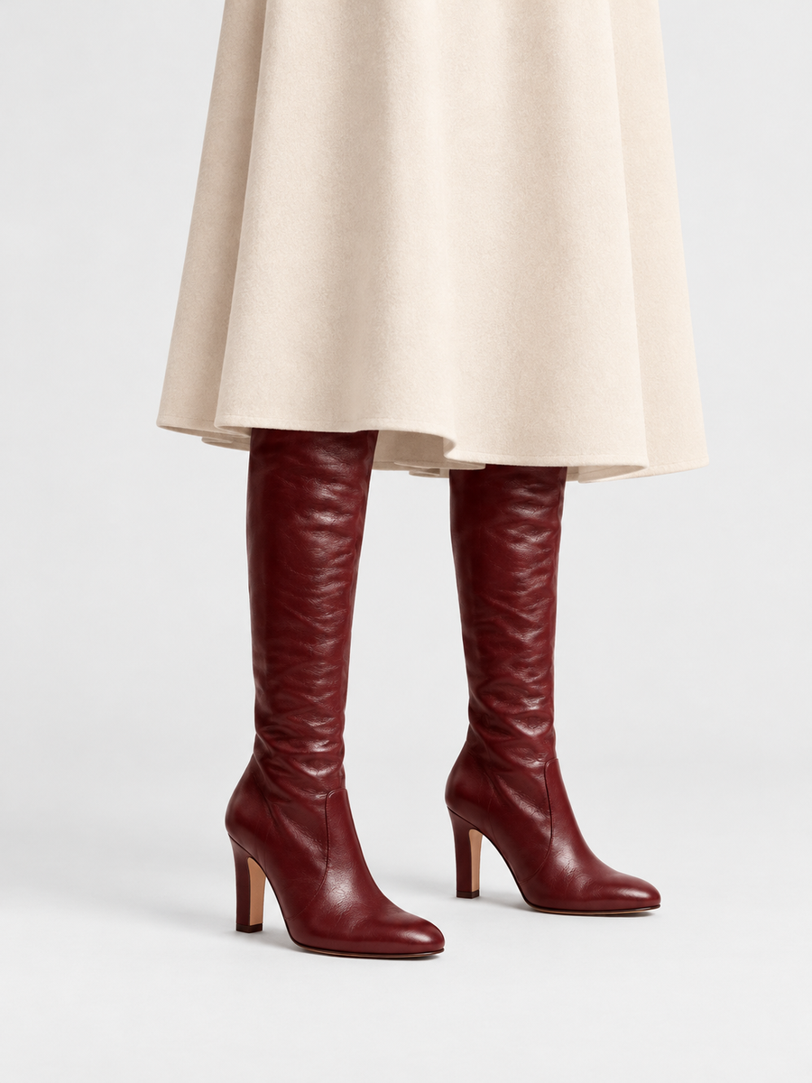 Léna – Botte haute en cuir à talon épais femme – Bordeaux — portée