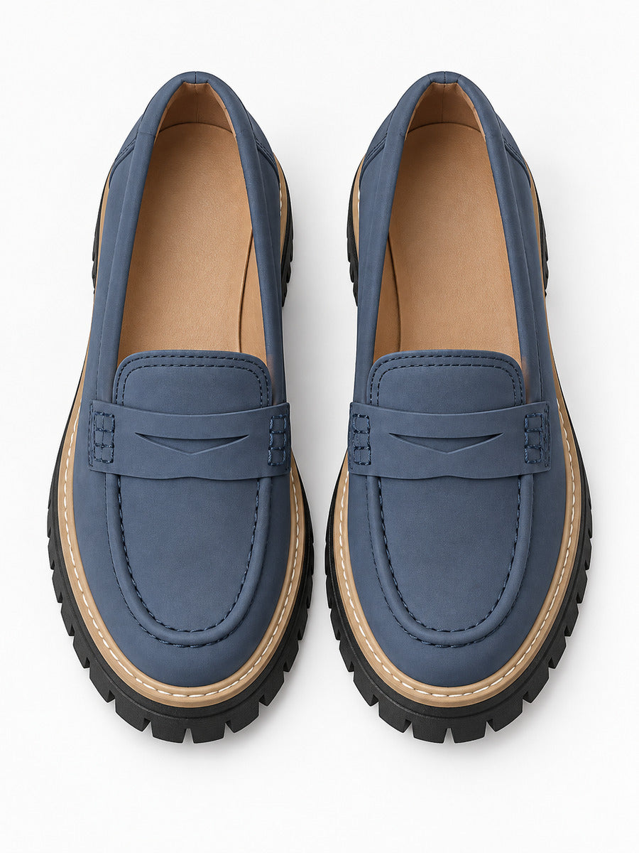 Lorène – Mocassin à talon épais femme – Bleu — dessus