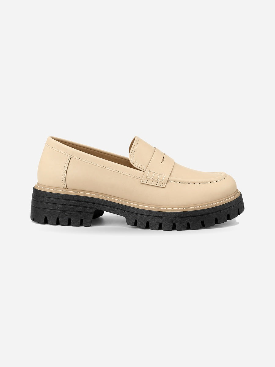 Lorène – Mocassin à talon épais femme – Beige — profil droit