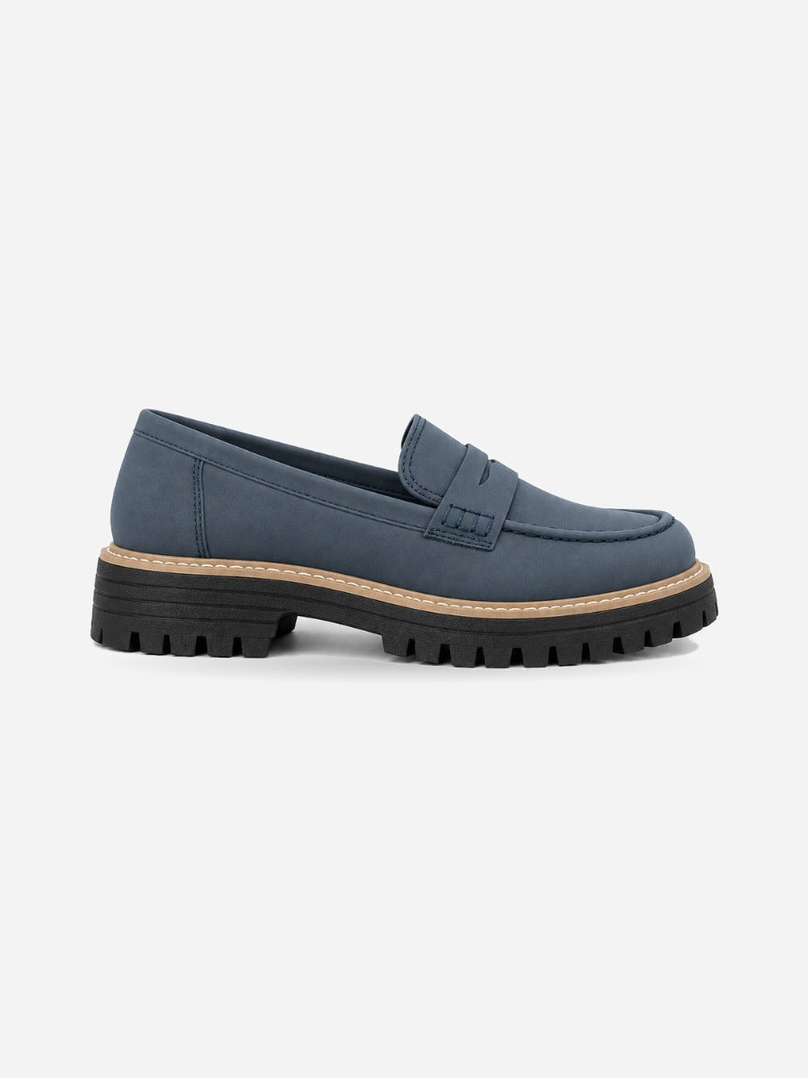 Lorène – Mocassin à talon épais femme – Bleu — profil droit