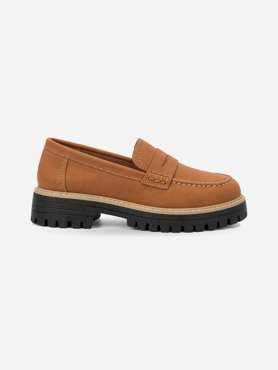 Lorène – Mocassin à talon épais femme – Marron — profil droit