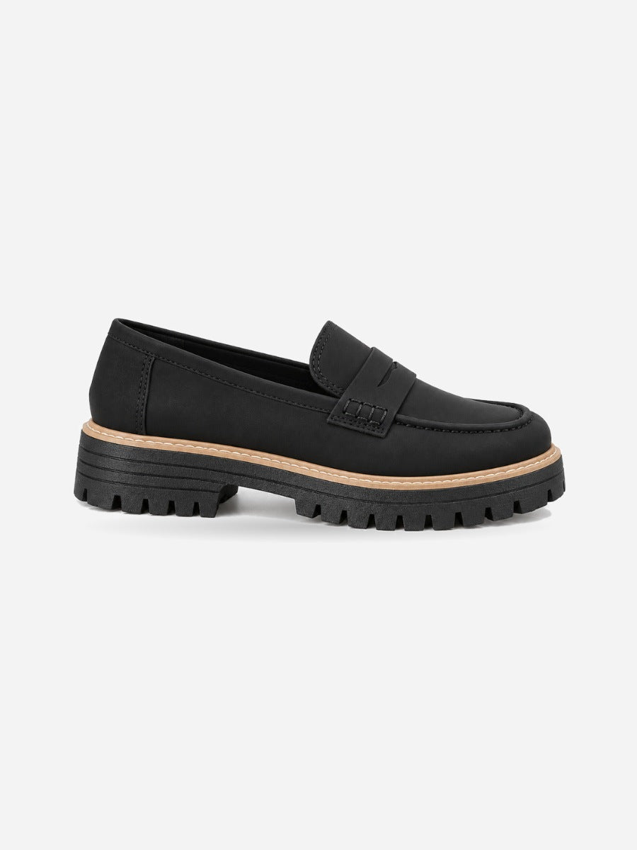 Lorène – Mocassin à talon épais femme – Noir — profil droit