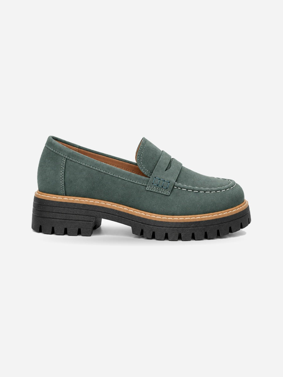 Lorène – Mocassin à talon épais femme – Vert — profil droit