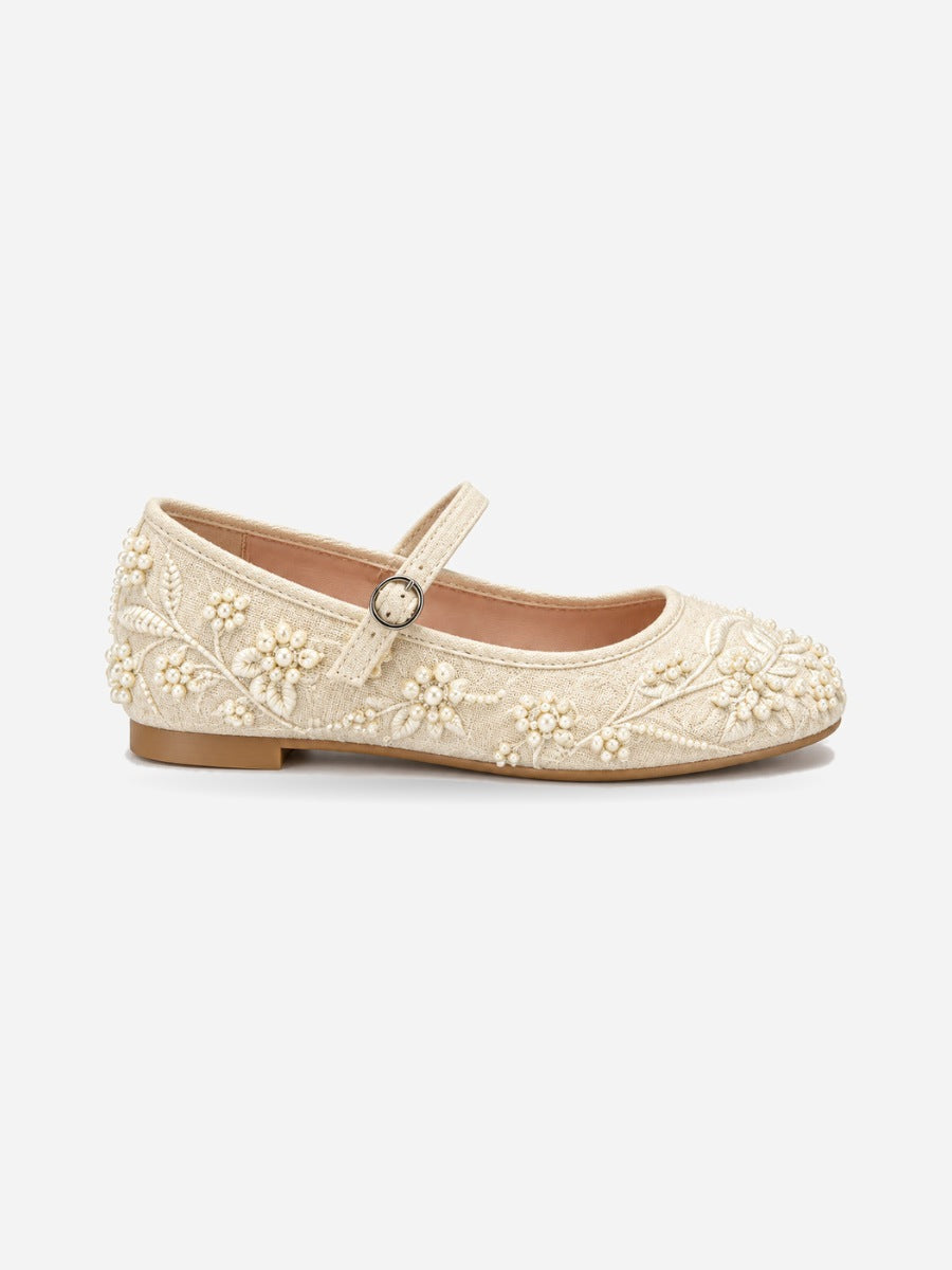 Madeleine-Rose – Babies brodées à perles femme – Beige — profil droit