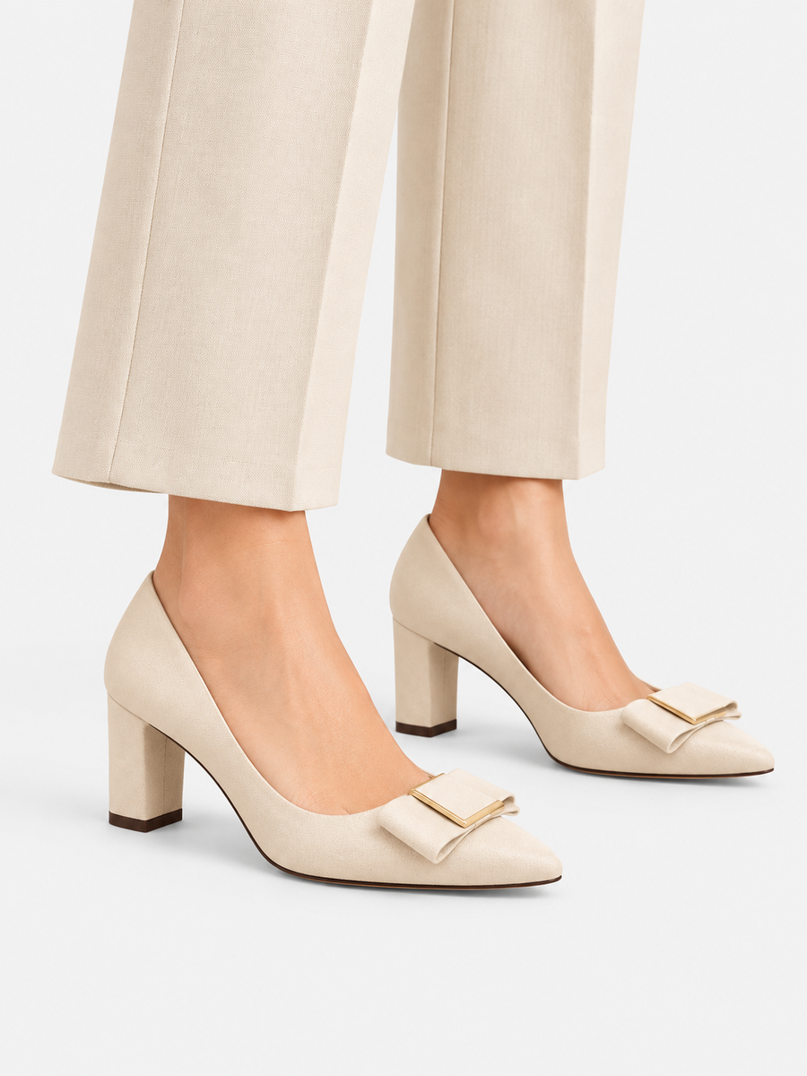 Marine – Escarpin à nœud et talon épais femme – Beige — portée
