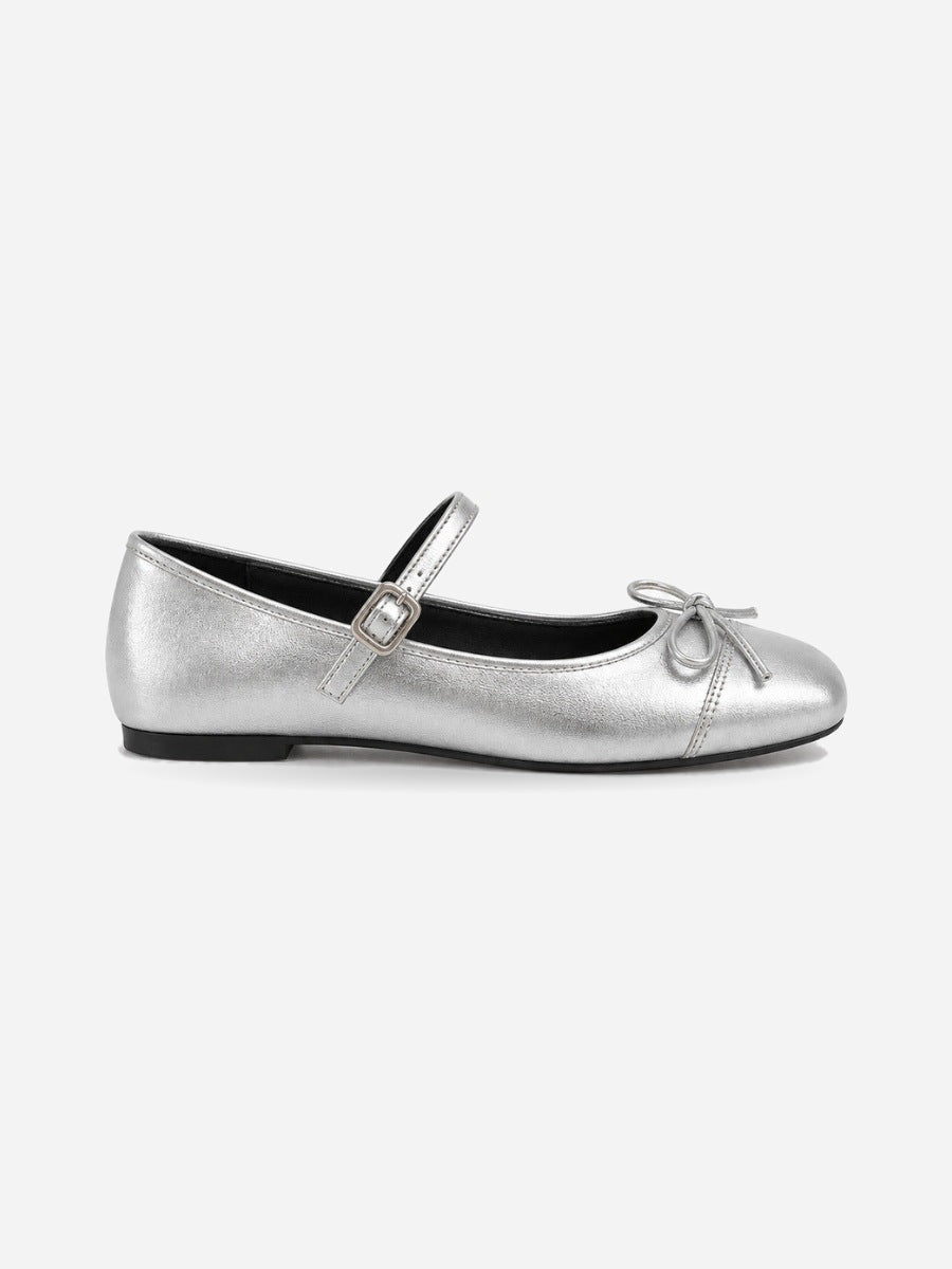 Mathilde-Rose – Ballerine vintage à nœud papillon femme – Argent — profil droit