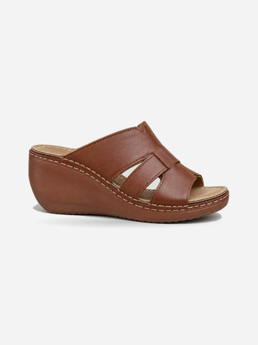 Mercedes – Sandale compensée rétro femme – Marron — profil droit