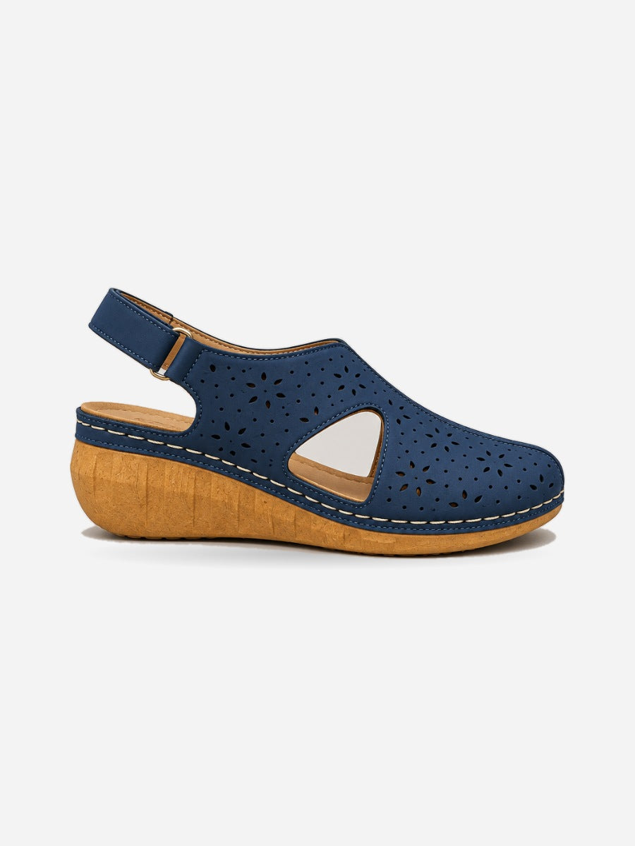 Monique – Sandale compensée plage femme – Bleu — profil droit