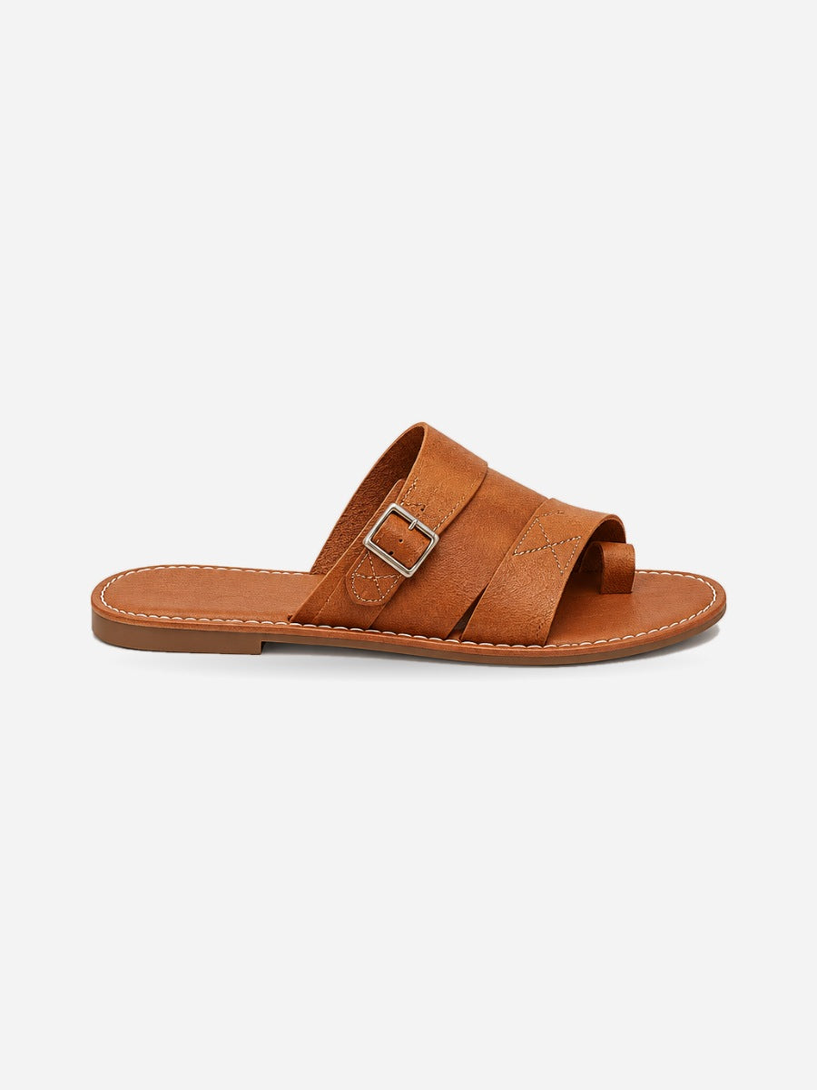 Nadège – Sandale plate à boucle femme – Marron — profil droit